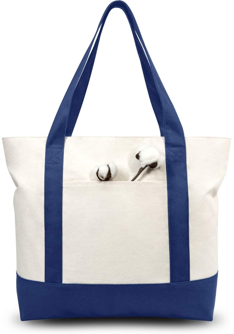 TOPDesign 3-Pack Canvas Tote Bags with an External Pocket, Reusable Grocery Shopping Bags, Top Zipper Closure, Daily Essentials (Blue/Natural) - Image 1